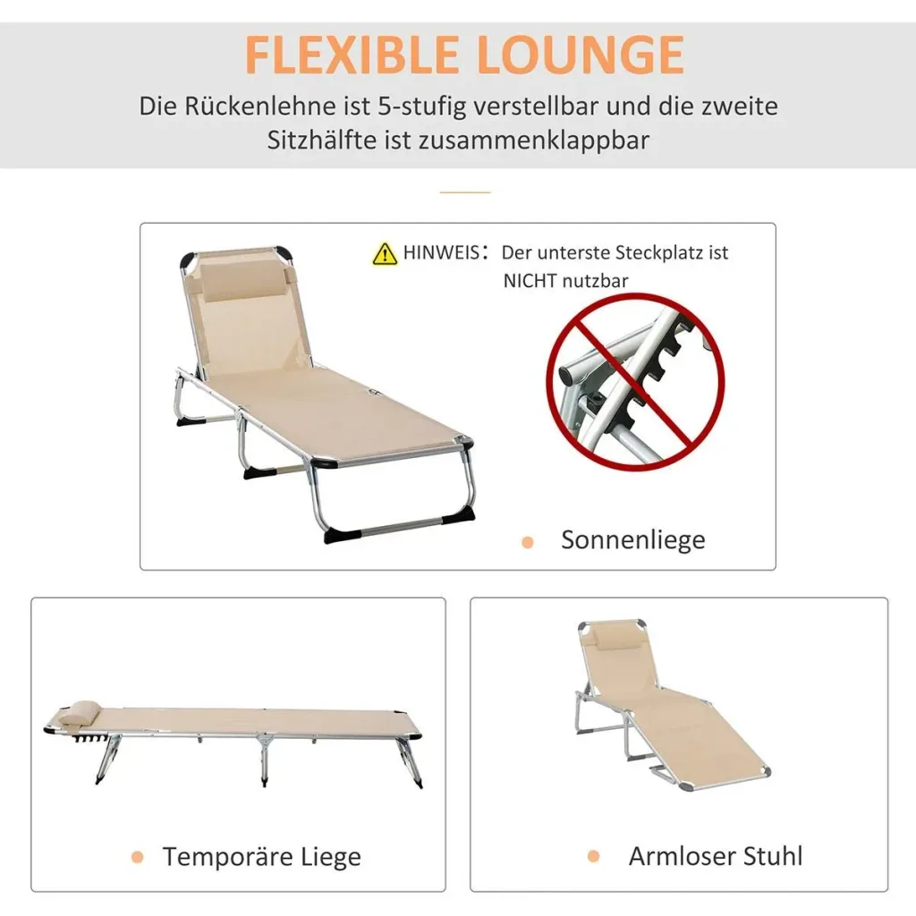 Sonnenliege Gartenliege Alu Stoffliege Relaxliege 5-fach verstellbar faltbar ergonomisch Netzstoff Beige 170 x 60 x 76 c