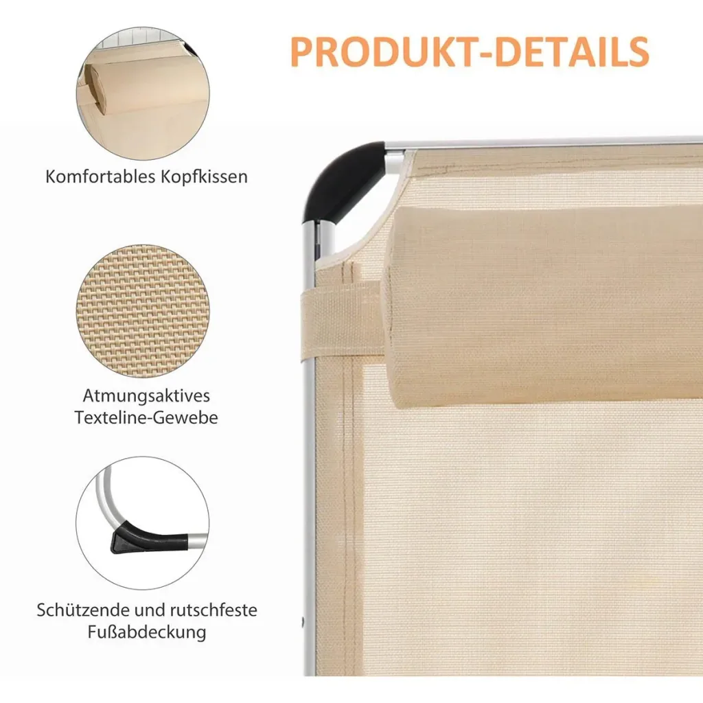 Sonnenliege Gartenliege Alu Stoffliege Relaxliege 5-fach verstellbar faltbar ergonomisch Netzstoff Beige 170 x 60 x 76 c