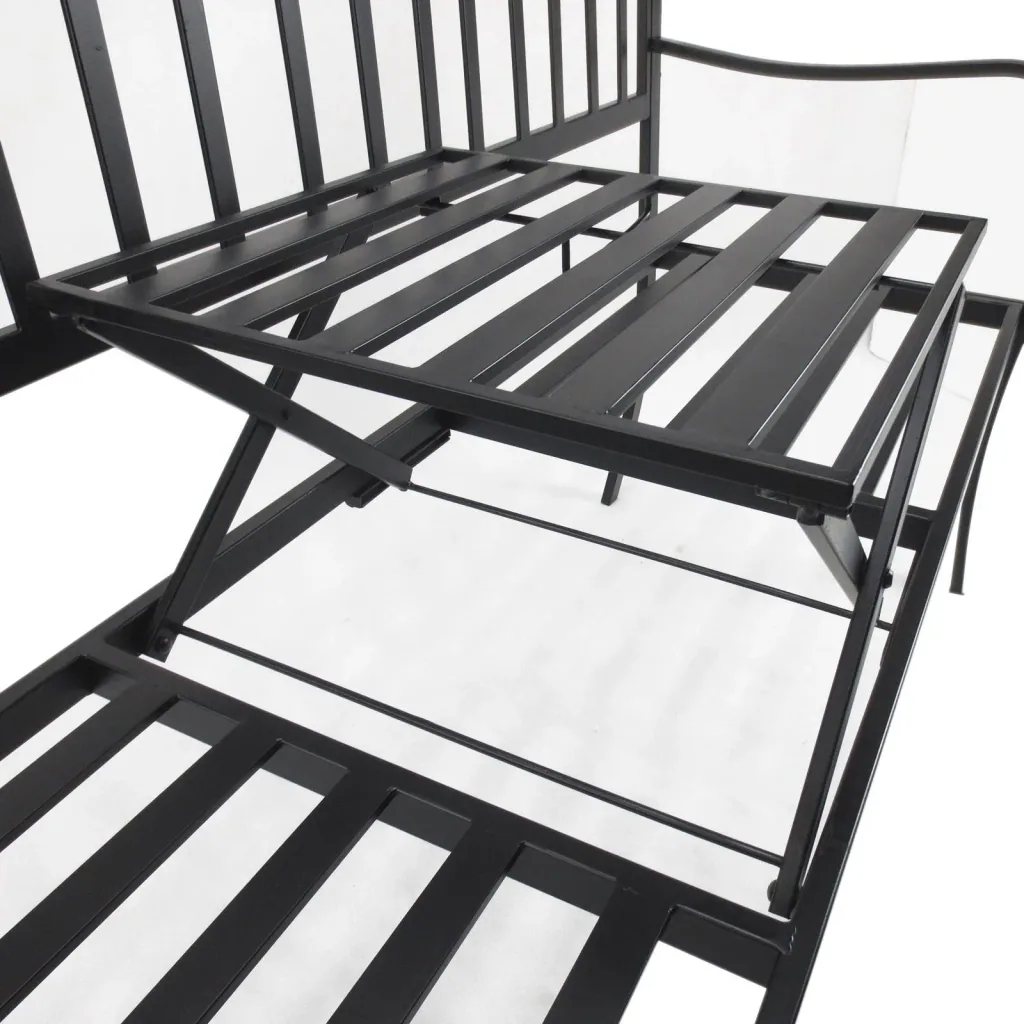 Gartenbank 2 Sitzer Sitzbank Parkbank Metallbank Bankauflage mit Armlehne mit Klappbeistelltisch Schwarz 160 x 53 x 95 c