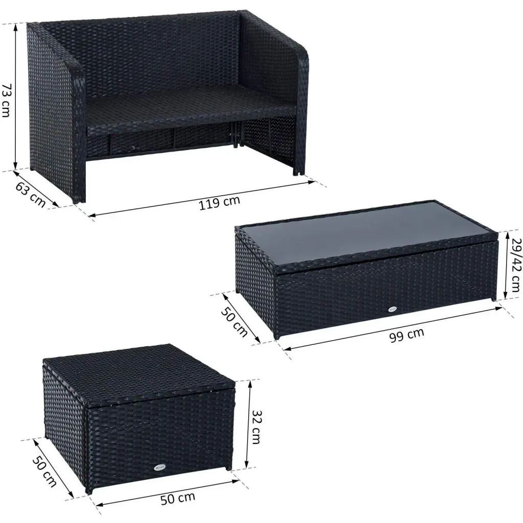 4-tlg. Polyrattan Gartenmöbel Sitzgruppe Lounge mit Kissen Schwarz 1 x Doppelsofa 1 x Couchtisch 2 x Hocker