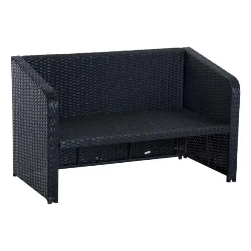 4-tlg. Polyrattan Gartenmöbel Sitzgruppe Lounge mit Kissen Schwarz 1 x Doppelsofa 1 x Couchtisch 2 x Hocker