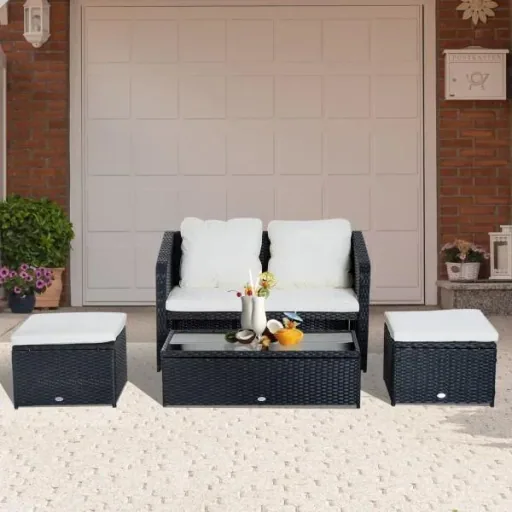 4-tlg. Polyrattan Gartenmöbel Sitzgruppe Lounge mit Kissen Schwarz 1 x Doppelsofa 1 x Couchtisch 2 x Hocker