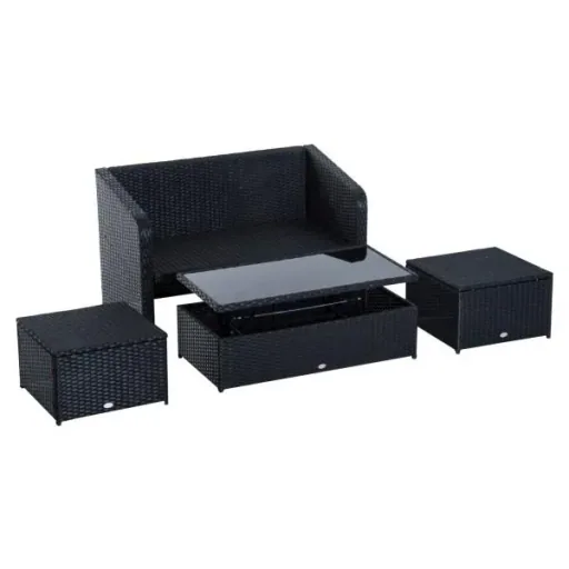 4-tlg. Polyrattan Gartenmöbel Sitzgruppe Lounge mit Kissen Schwarz 1 x Doppelsofa 1 x Couchtisch 2 x Hocker