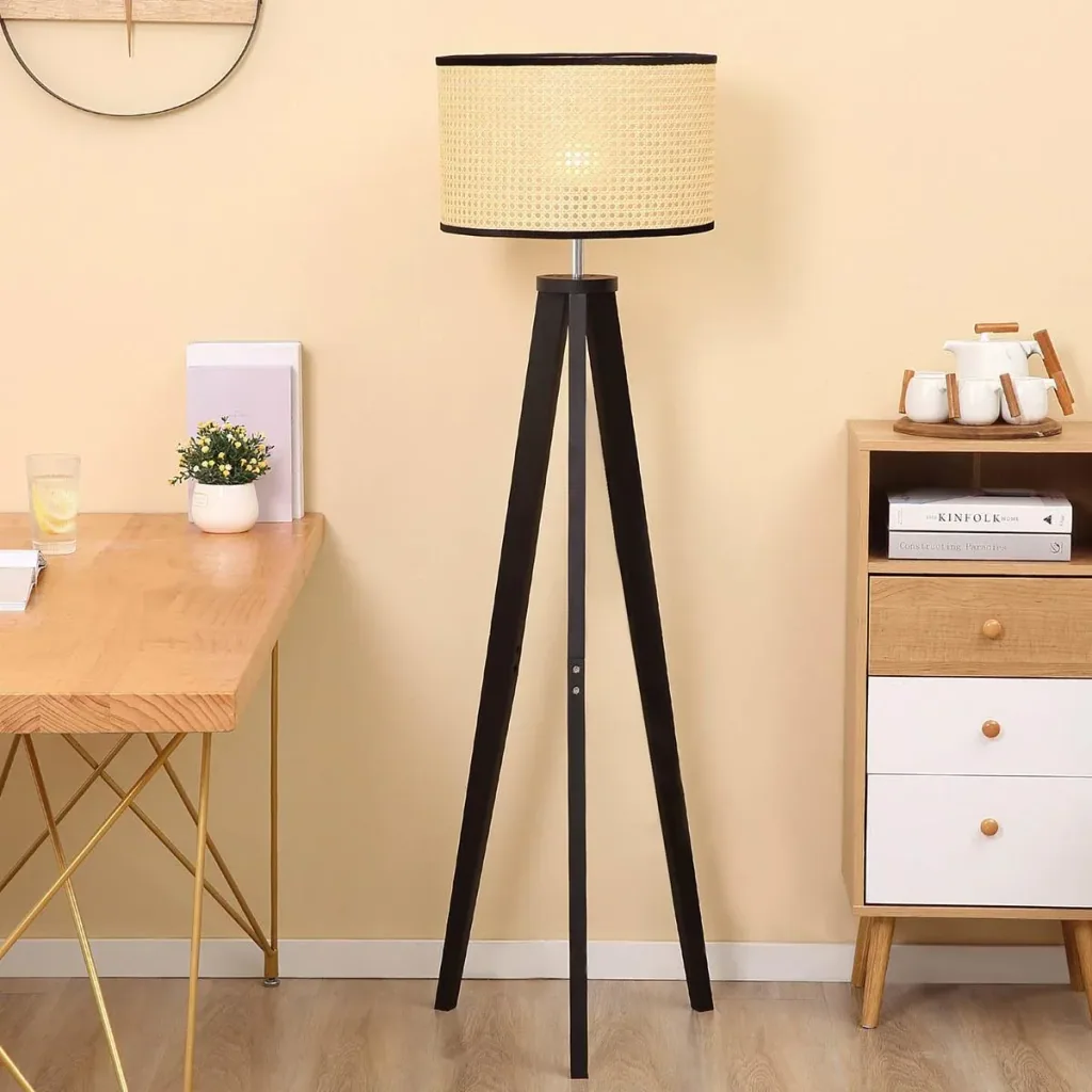 Stehlampe Wohnzimmer Tripod Stehleuchte 40W moderne Standleuchte mit E27 Fassung Holzfuß für Schlafzimmer Büro Schwarz+G