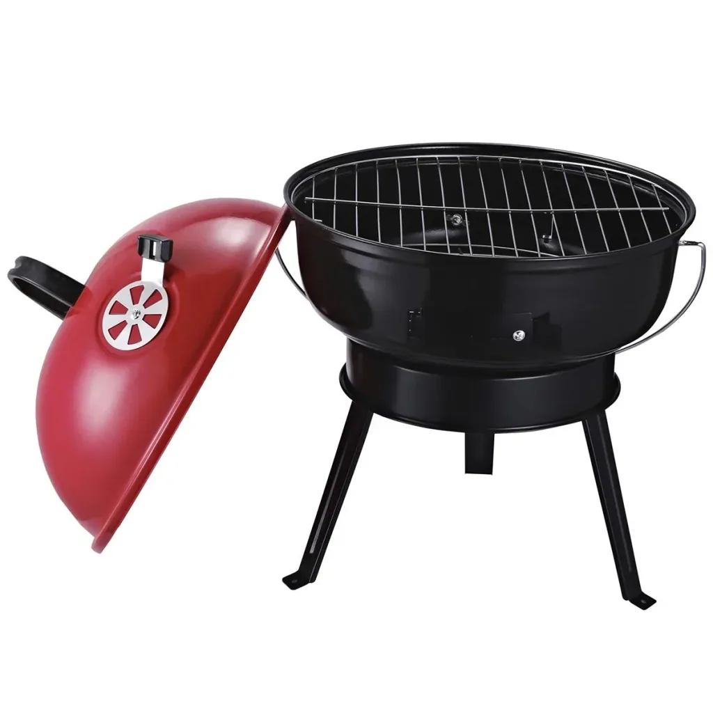 Kugelgrill Holzkohlegril Windschutz Dreibeinfuß Camping Picknick tragbar Metall Rot+Schwarz Ø36,5 x 54 cm Holzkohlegrill