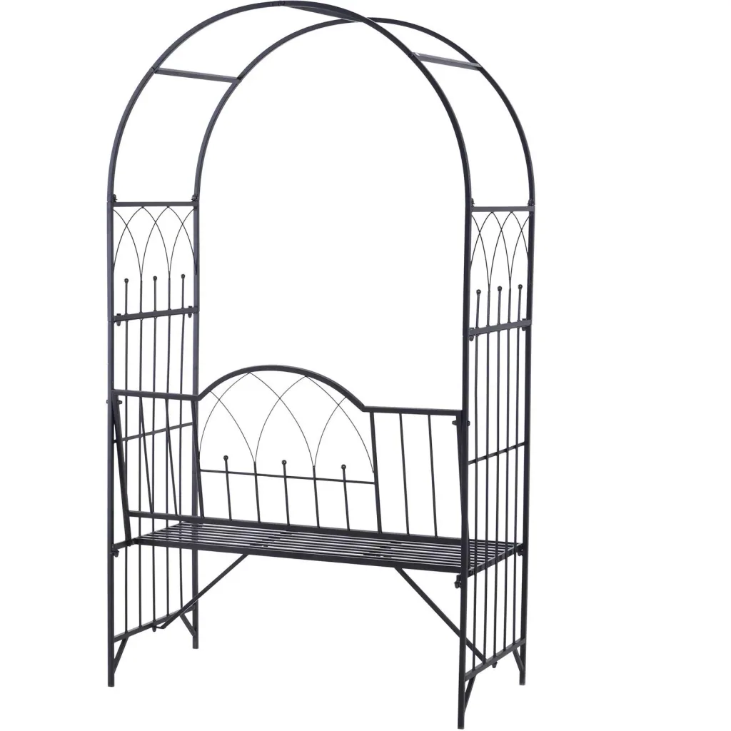 Rosenbogen mit Bank Rosenbank Laubenbank Philosophenbank Gartenbank Metall Schwarz 115 x 59 x 203 cm
