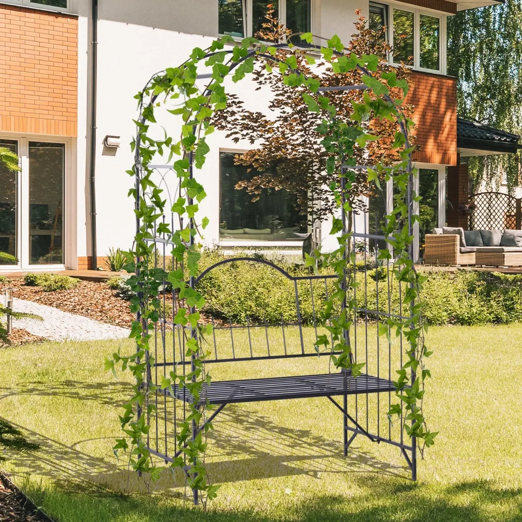 Rosenbogen mit Bank Rosenbank Laubenbank Philosophenbank Gartenbank Metall Schwarz 115 x 59 x 203 cm