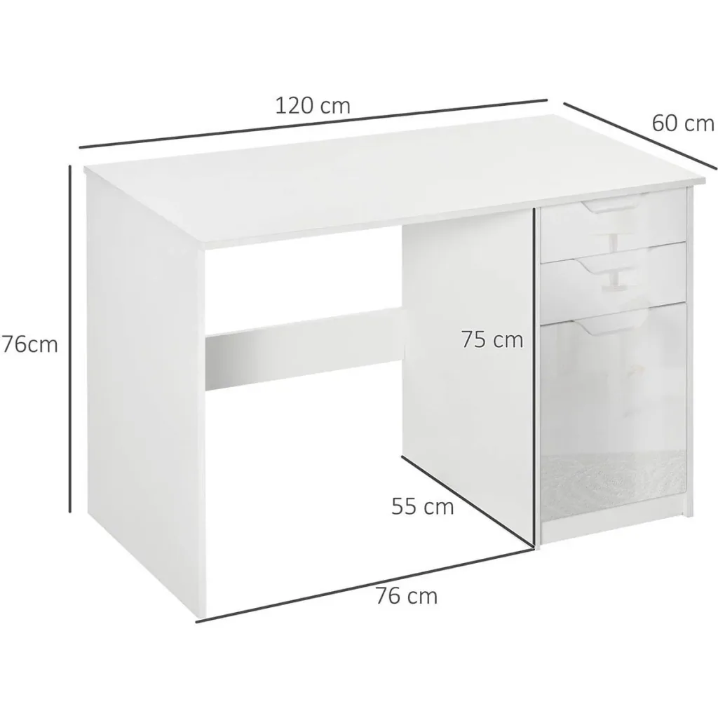 Schreibtisch Computertisch mit 2 Schubladen Schrank Arbeitstisch Bürotisch große Tischplatte Hochglanz Weiß 120 x 60 x 7