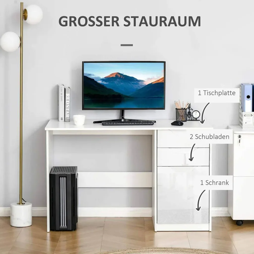 Schreibtisch Computertisch mit 2 Schubladen Schrank Arbeitstisch Bürotisch große Tischplatte Hochglanz Weiß 120 x 60 x 7