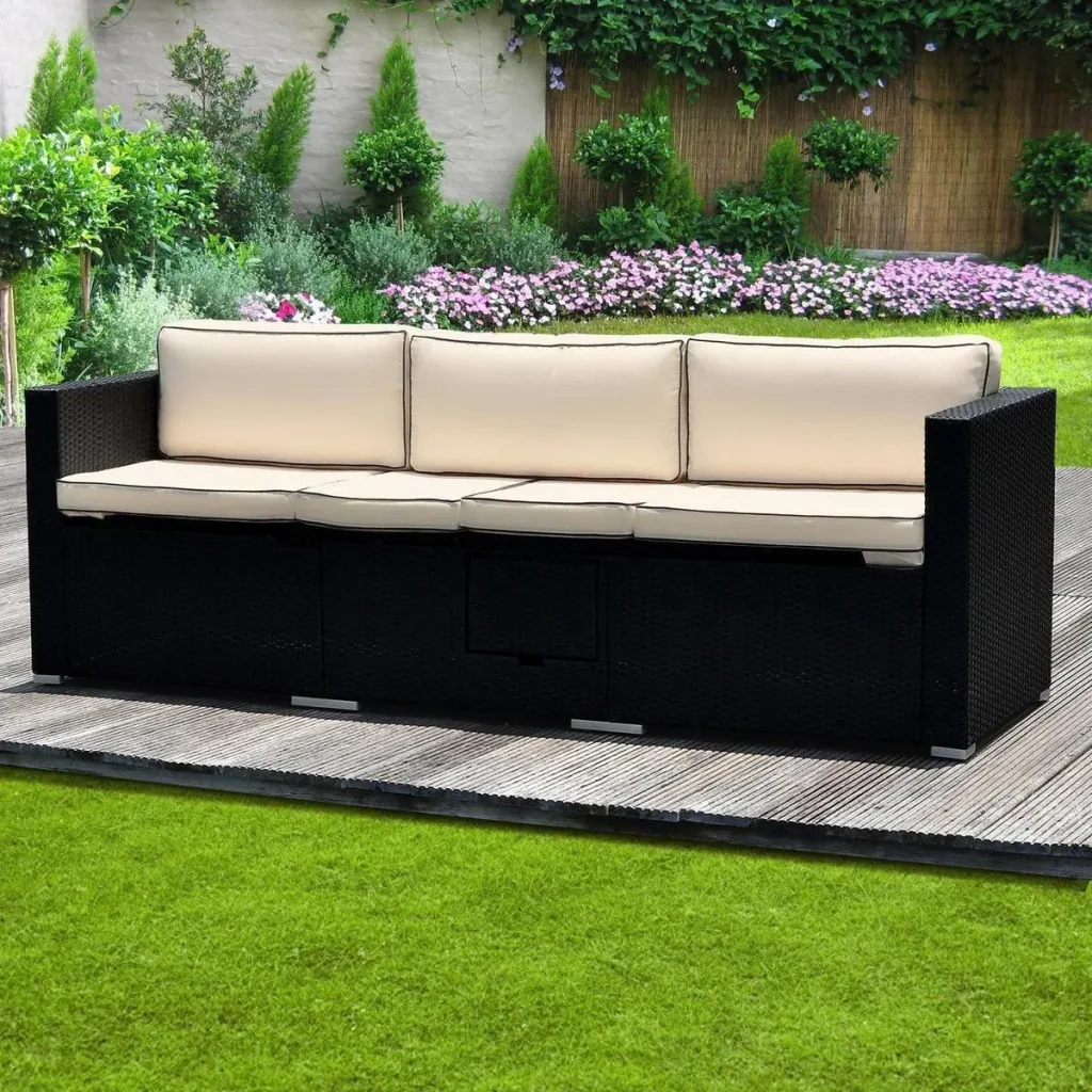 Polyrattan Sofa - Schwarz-Creme - 210x70x70Cm - Verstellbar