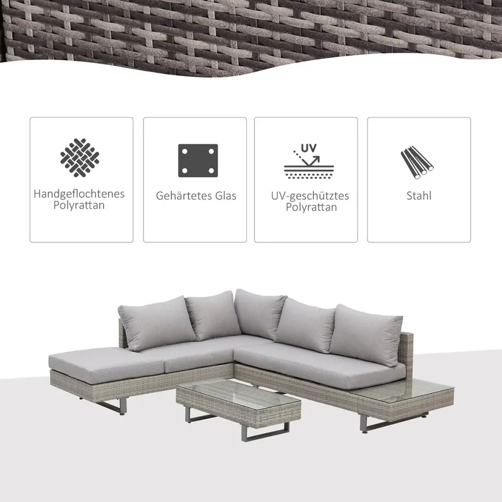 3-tlg. Luxus Polyrattan Gartengarnitur Gartenmöbel Garten-Set Sitzgruppe Loungeset Loungemöbel inkl. Ablagen und Beistel