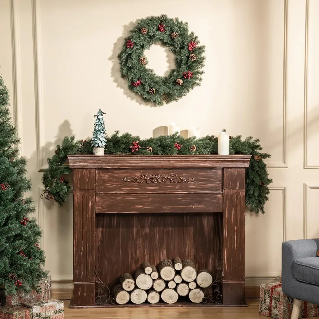 Tannenkranz Türkranz Weihnachtskranz Rückseite mit aufhänge Öse PE Grün Ø60 x 8 cm Weihnachten 60 cm | Aosom.de