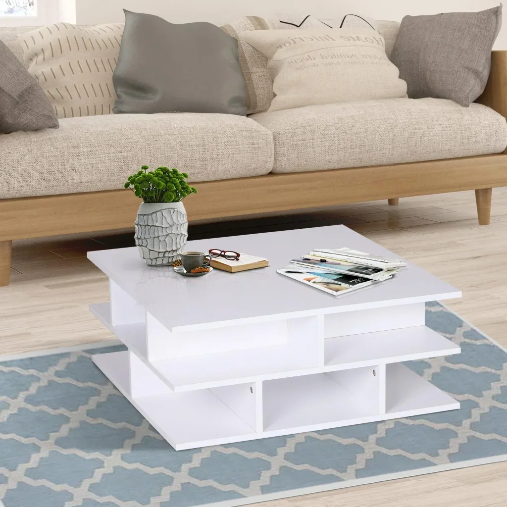 Couchtisch Beistelltisch Wohnzimmertisch Sofatisch Satztisch 12 x Ablage Holz Weiß 70 x 70 x 29 cm