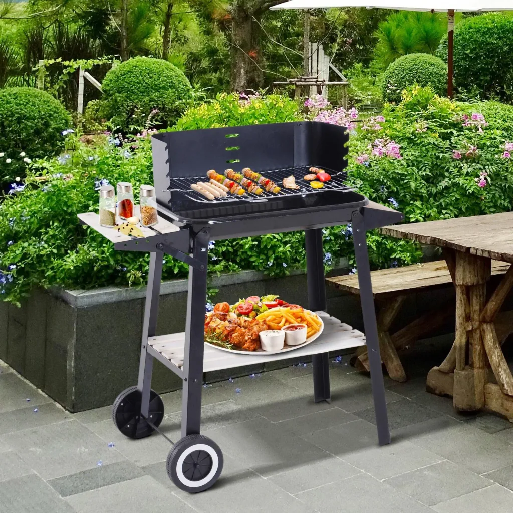 Grillwagen Standgrill Holzkohlegrill mit Windschutz 2 x Ablagefach höhenverstellbar Grillrost Metall Schwarz 87 x 45 x 8