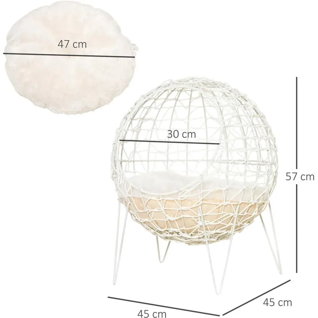 Rattan Katzenkorb Katzenhöhle Katzenhütte Katzenbett mit Kissen erhöhtes Design Haustierbett Cremeweiß Ø45 x 57H cm