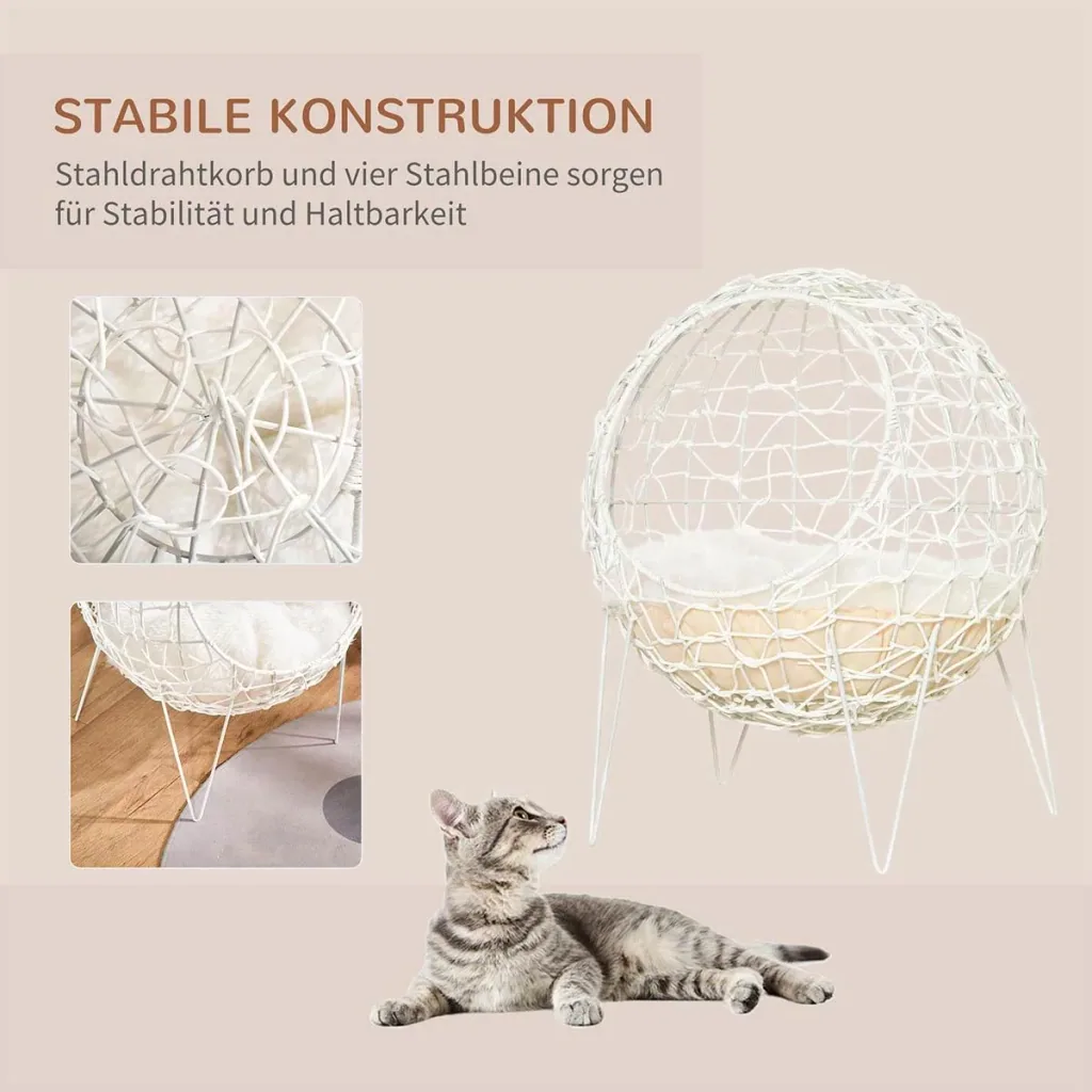 Rattan Katzenkorb Katzenhöhle Katzenhütte Katzenbett mit Kissen erhöhtes Design Haustierbett Cremeweiß Ø45 x 57H cm