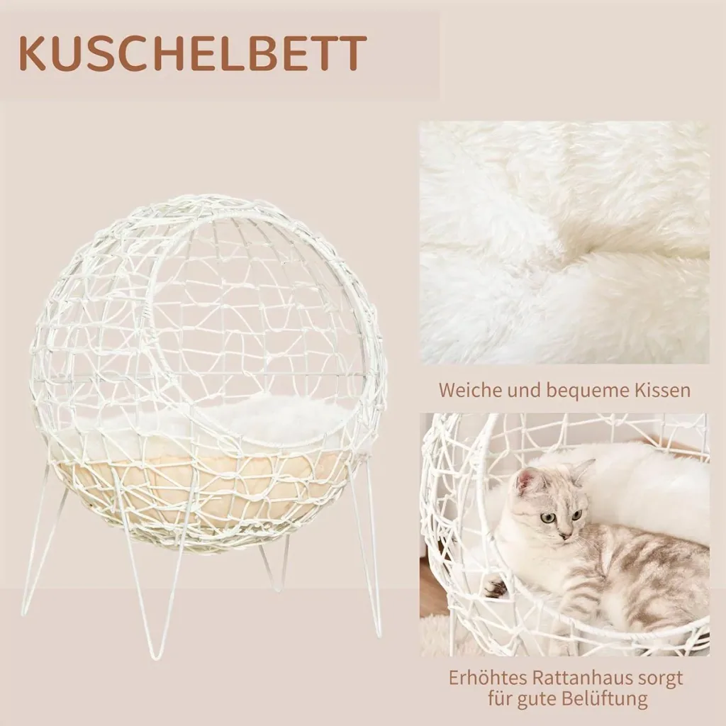 Rattan Katzenkorb Katzenhöhle Katzenhütte Katzenbett mit Kissen erhöhtes Design Haustierbett Cremeweiß Ø45 x 57H cm