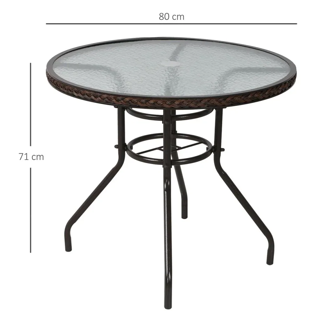 Rattan Gartentisch runder Esstisch Glastisch Gartenmöbel Tisch Polyrattan+gehärtetes Glas Braun Ø80 x 71H cm