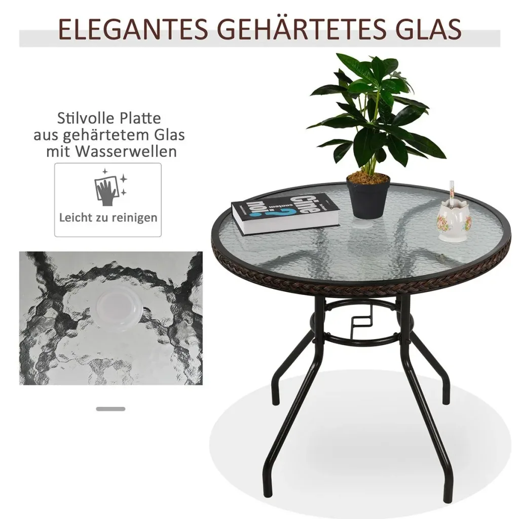 Rattan Gartentisch runder Esstisch Glastisch Gartenmöbel Tisch Polyrattan+gehärtetes Glas Braun Ø80 x 71H cm