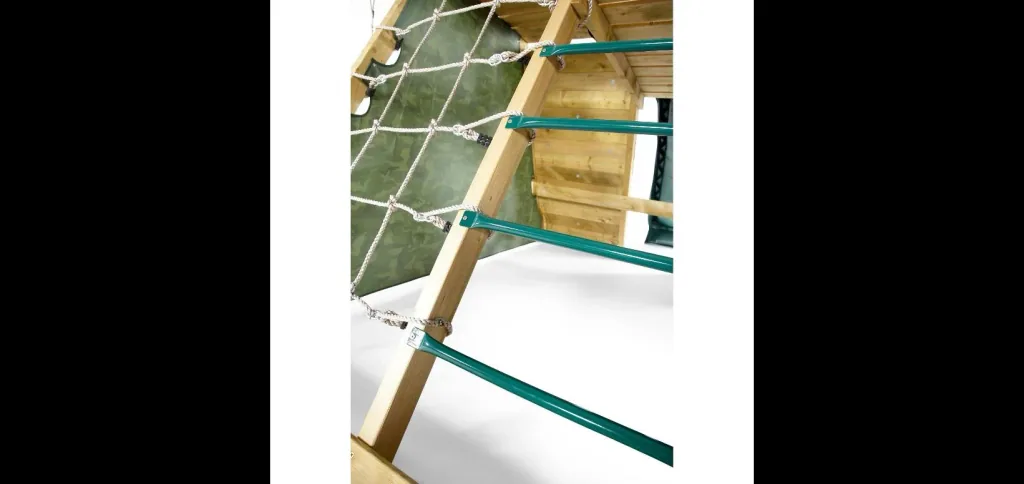 Holz Kletterpyramide mit Doppelschaukel, Outdoor-Kletterpyramide, Holz, Kletterwand, Kletternetz, Rutsche, natur
