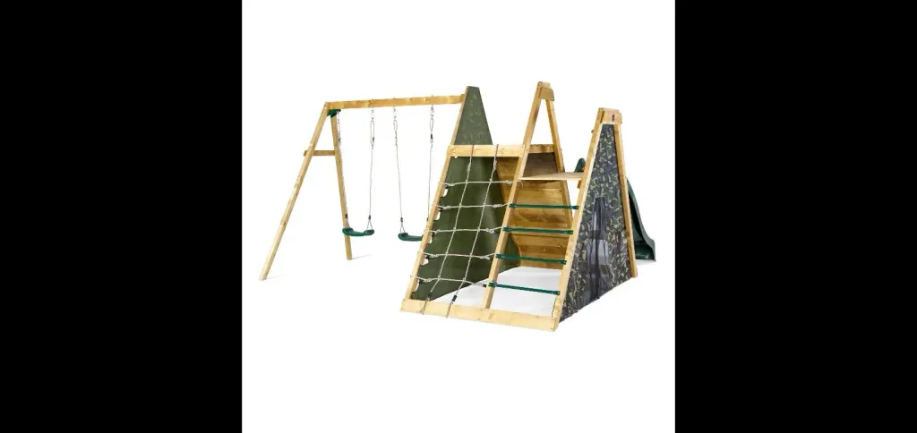 Holz Kletterpyramide mit Doppelschaukel, Outdoor-Kletterpyramide, Holz, Kletterwand, Kletternetz, Rutsche, natur