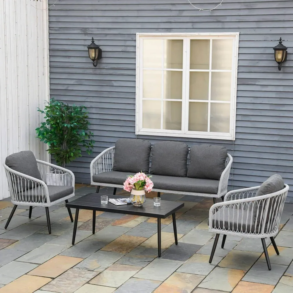 Polyrattan Gartenmöbel Set 4-teiliges Rattensofa-Set Sitzgruppe Sitzgarnitur für Pause Lounge Teetisch mit Sofa Kissen A
