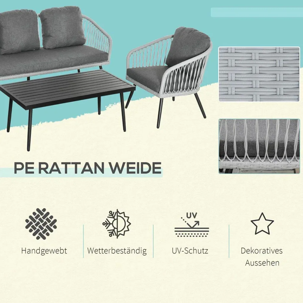 Polyrattan Gartenmöbel Set 4-teiliges Rattensofa-Set Sitzgruppe Sitzgarnitur für Pause Lounge Teetisch mit Sofa Kissen A