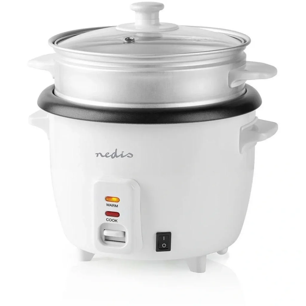 Nedis Reiskocher Abnehmbare Pfanne 1.5L Dämpfdorn Glasdeckel Inkl. Messbecher und Schöpfkelle 500W Weiß