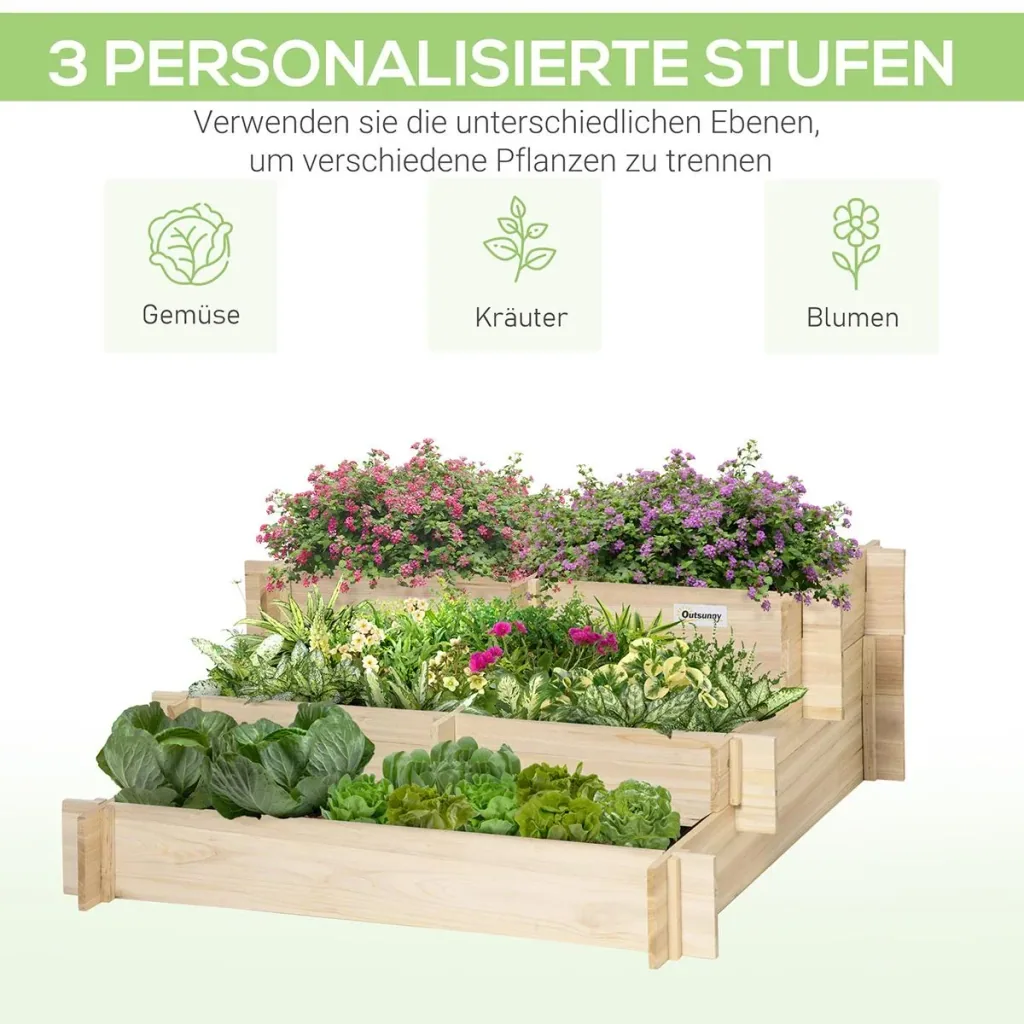 Hochbeet 3-stufige Gartenbeet Pflanzenbeet Kräuterbeet Blumentreppe für Balkon Garten Natur Holz 93 x 93 x 35 cm