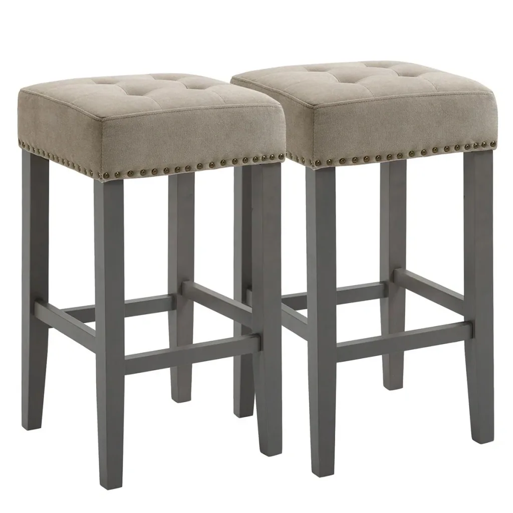 2er-Set Barhocker Esszimmerhocker mit Fußstütze atmungsaktiv Polyester-Gewebe Gummiholz Schaumstoff Grau 38,5 x 38,5 x 6