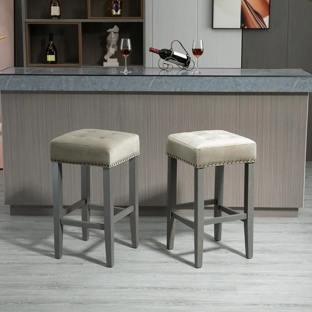 2er-Set Barhocker Esszimmerhocker mit Fußstütze atmungsaktiv Polyester-Gewebe Gummiholz Schaumstoff Grau 38,5 x 38,5 x 6
