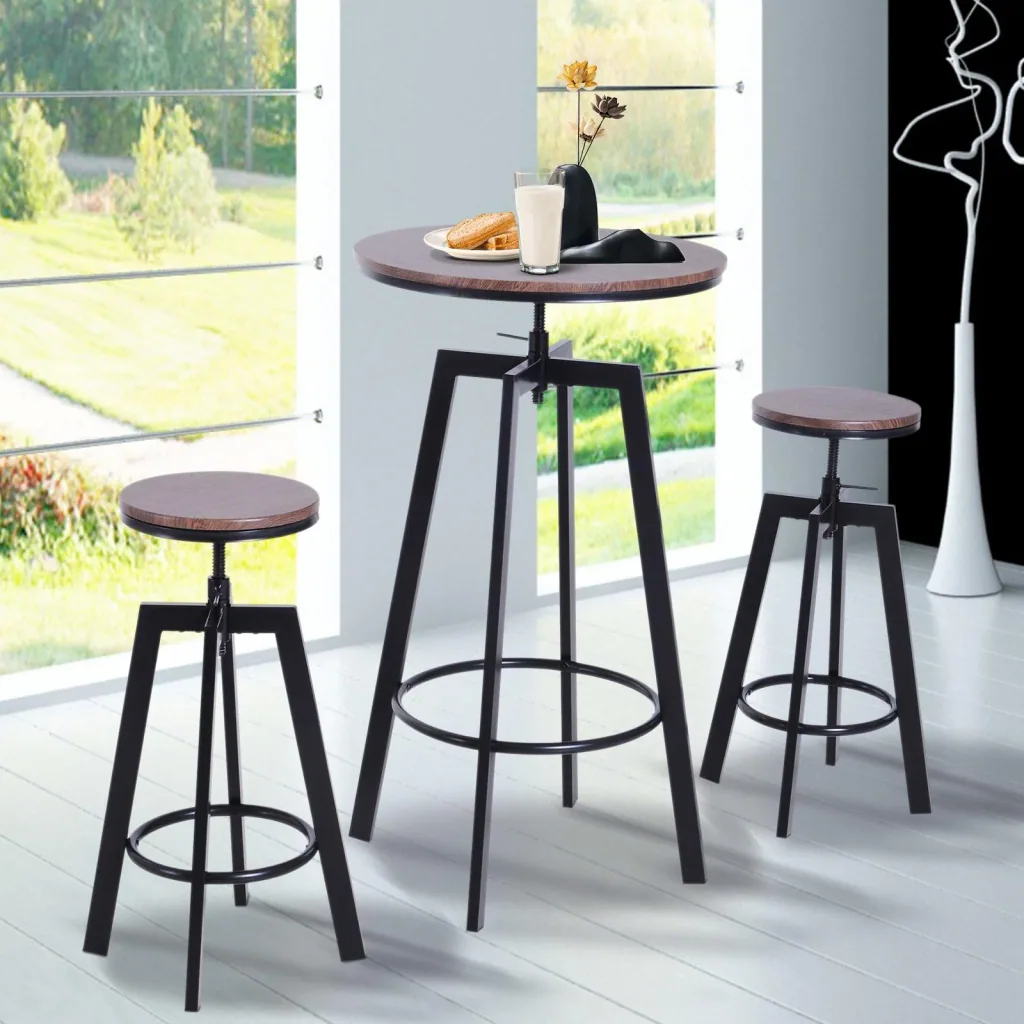 3-teilige Essgruppe Sitzgruppe Esstisch Holztisch dunkle Naturholzoptik mit 1 Tisch + 2 Hockern