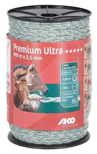 Weidezaunlitze Premium Ultra, 2,5 mm, 400 m, weiß/grün