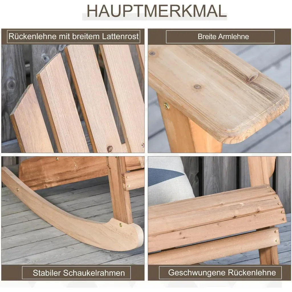 Adirondack Gartenstuhl Schaukelstuhl Schaukelsessel Gartensessel Gartenmöbel Balkonstuhl Natur 77 x 94 x 97 cm