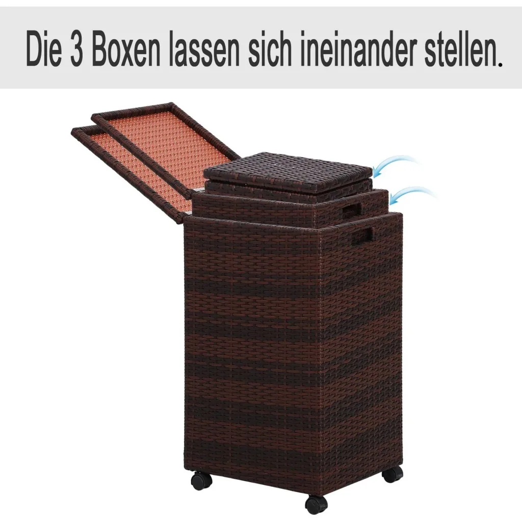 Aufbewahrungsbox 3er-Set Aufbewahrungskiste Auflagenbox mit Deckel rollbar Polyrattan Braun L/M/S