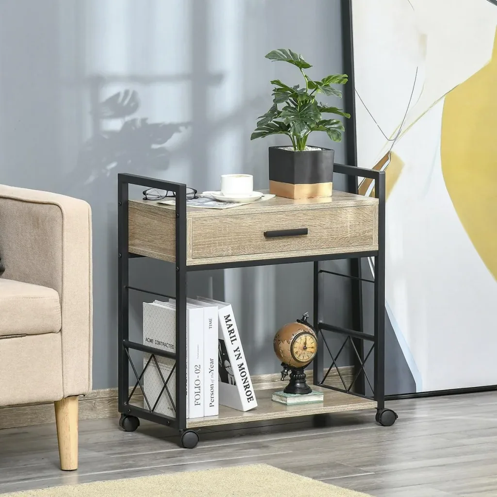 Beistelltisch Servierwagen mit Rädern Küchenwagen Kaffeetisch mit Schublade Ablage Sideboard beweglich Spanplatte Natur