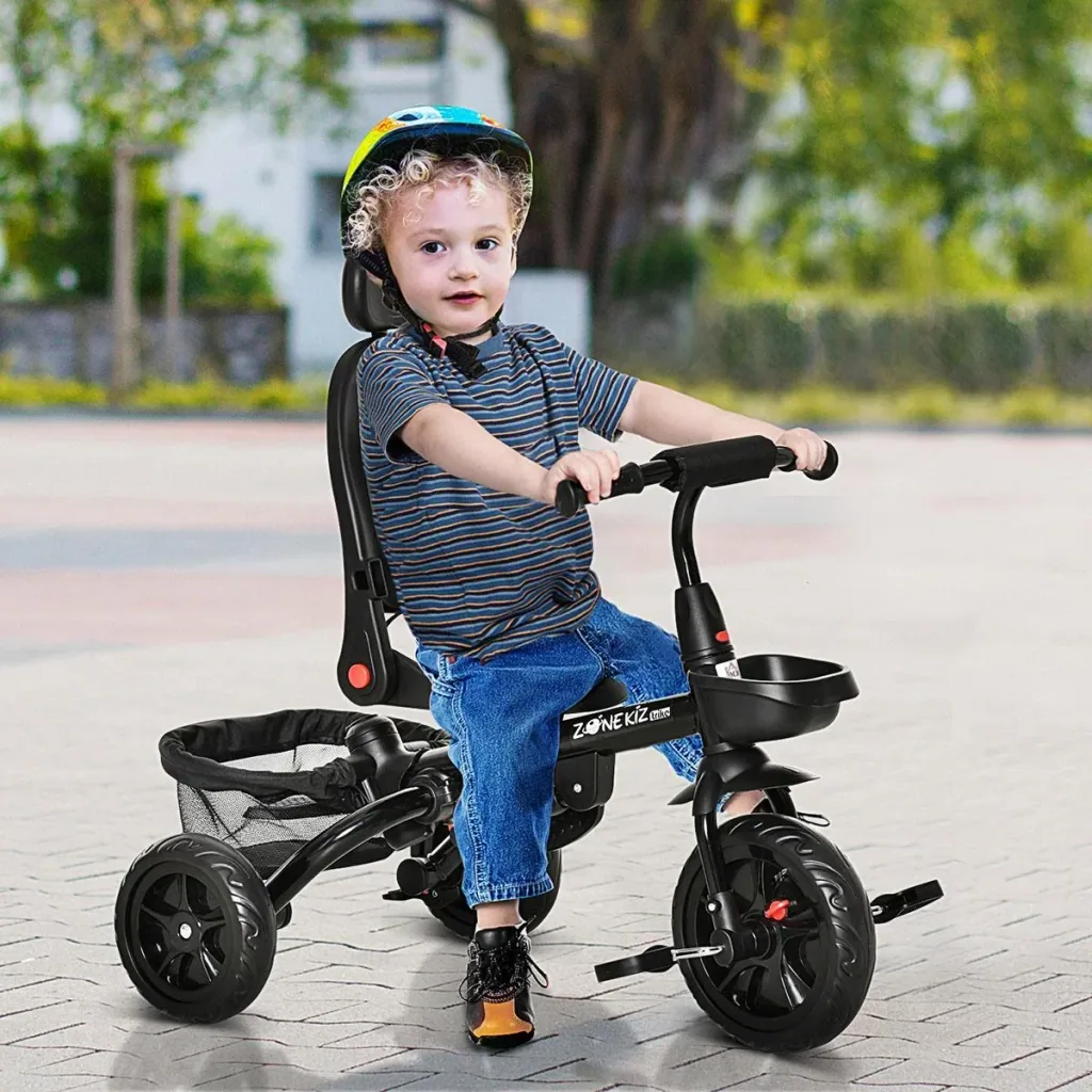 4-in-1 Kinderdreirad Kinder Fahrrad mit Sicherheitsgurt und Sonnendach Dreirad Kinderauto Kinderwagen PP-Kunststoff PA