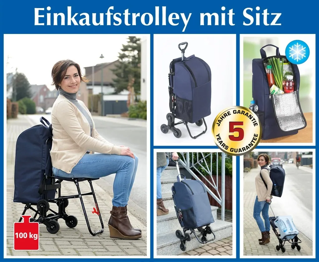 Treppensteiger-Einkaufstrolley mit Sitz, Blau