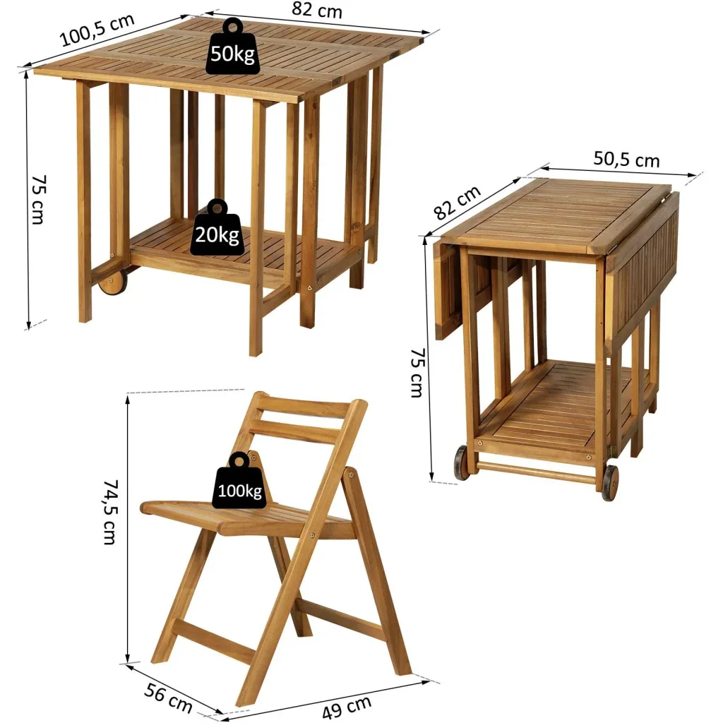 5 tlg, Sitzgarnitur Gartensitzgruppe Esstischgruppe Gartenmöbel klappbar 1 Tisch + 4 Stühle Akazienholz Teak 100,5 x 82