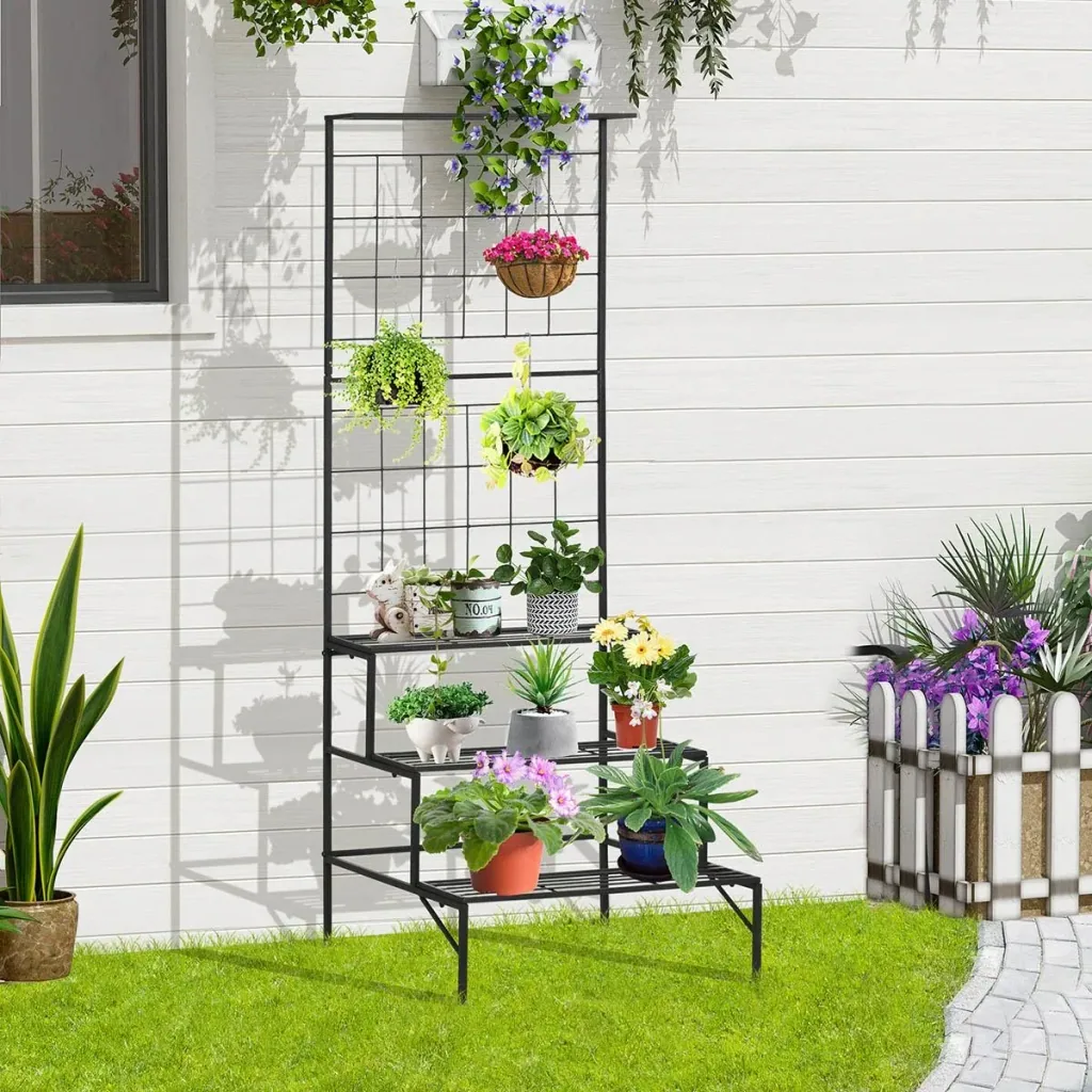 Pflanzentreppe mit Spalier und 3 Stufen Metall schwarz 60 x 53,5 x 159,5 cm