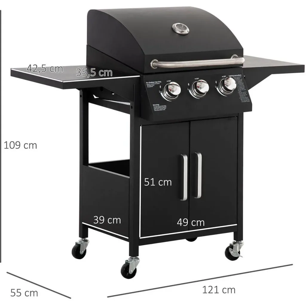 Gasgrill - 3 Brenner 3 kW - Schwarz - 121 x 55 x 109 cm