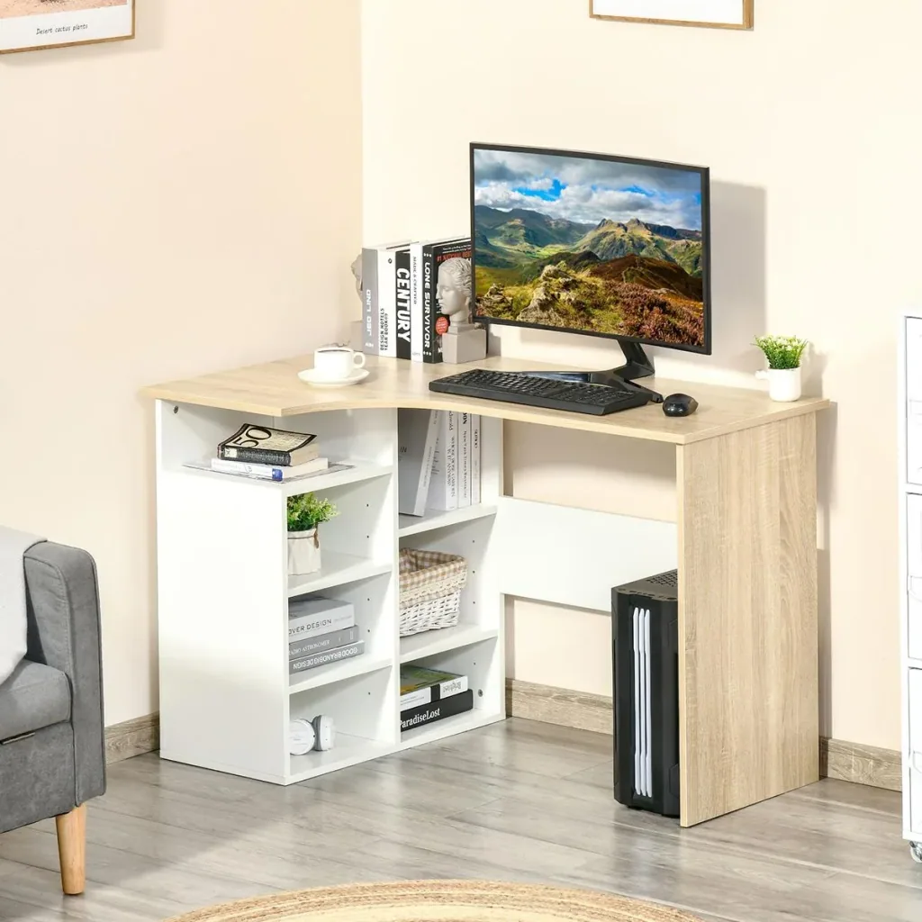 Eckschreibtisch Winkelschreibtisch PC-Tisch Computertisch Bürotisch mit Regal und Schublade L-Form Spanplatte Weiß+Eiche