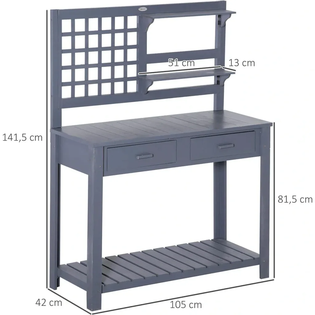 Pflanztisch Gartentisch mit 2 Schubladen Holzpflanzentisch für Garten Terrasse grau 105 x 42 x 141,5 cm