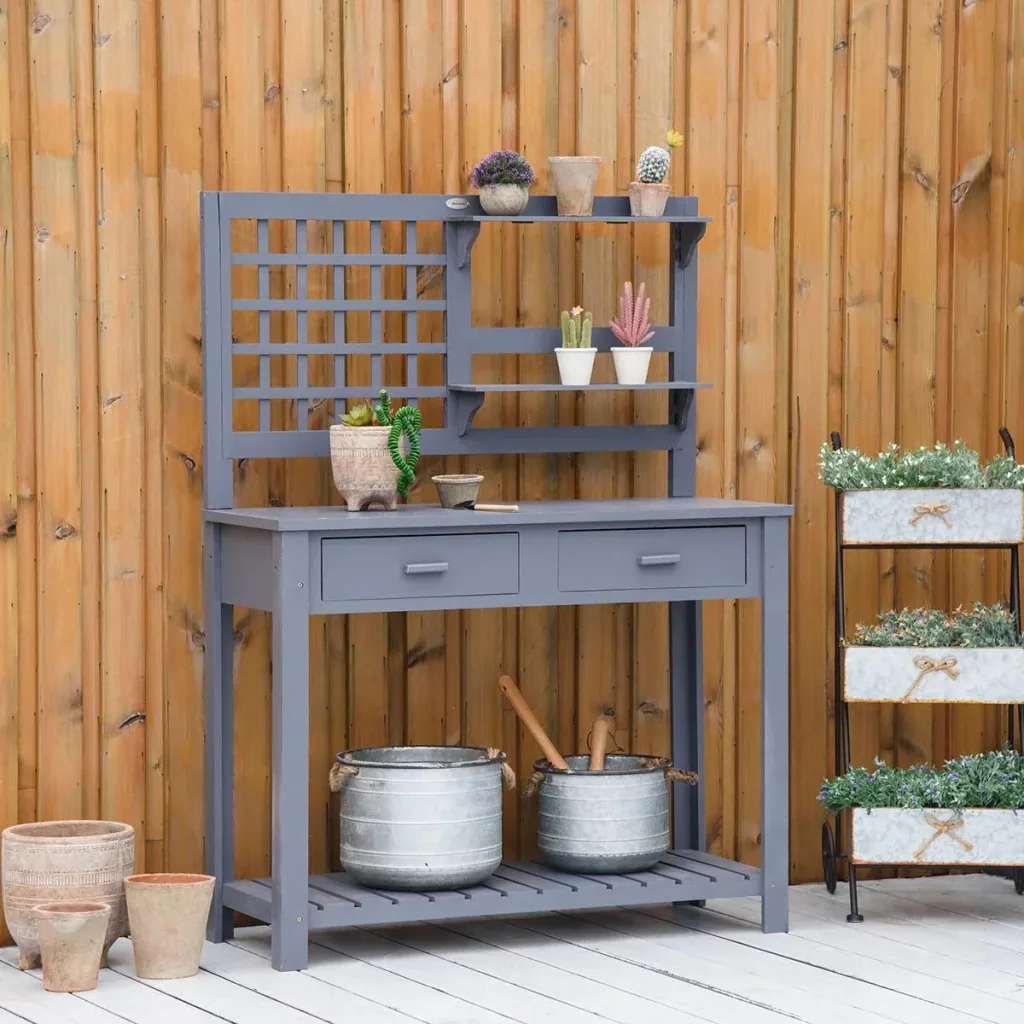 Pflanztisch Gartentisch mit 2 Schubladen Holzpflanzentisch für Garten Terrasse grau 105 x 42 x 141,5 cm