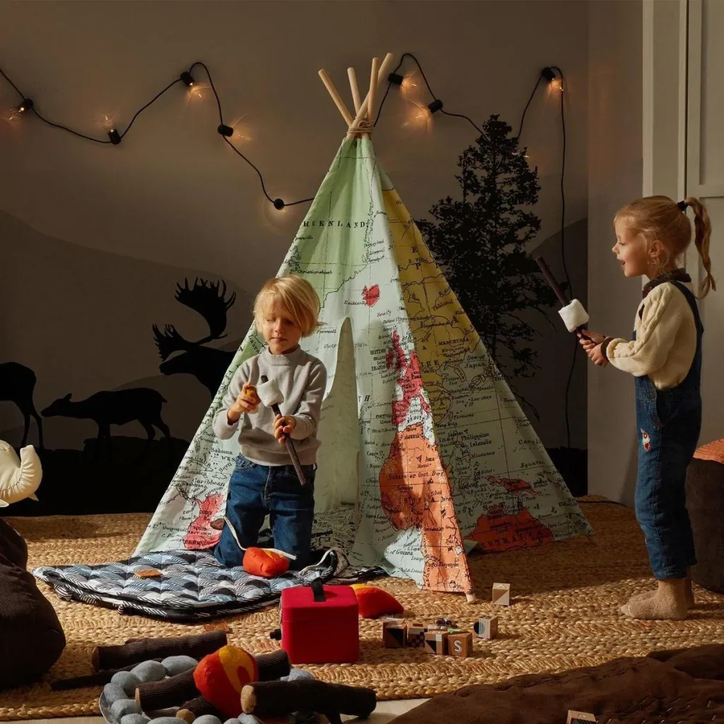 Weltkarte Tipi-Zelt | Mehrfarbig | Wigwam Spielzelt|100% Baumwolle|120x120x160cm