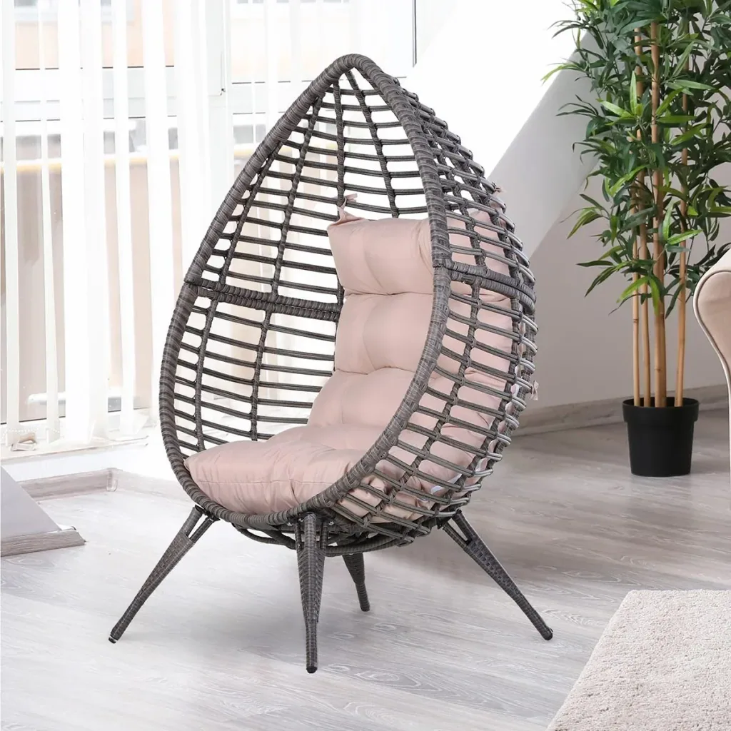 Rattansessel in Tropfenform, Gartensessel mit Sitzkissen, Erhöhter Rattanstuhl, Stahl, Beige, 101 x 89 x 156 cm