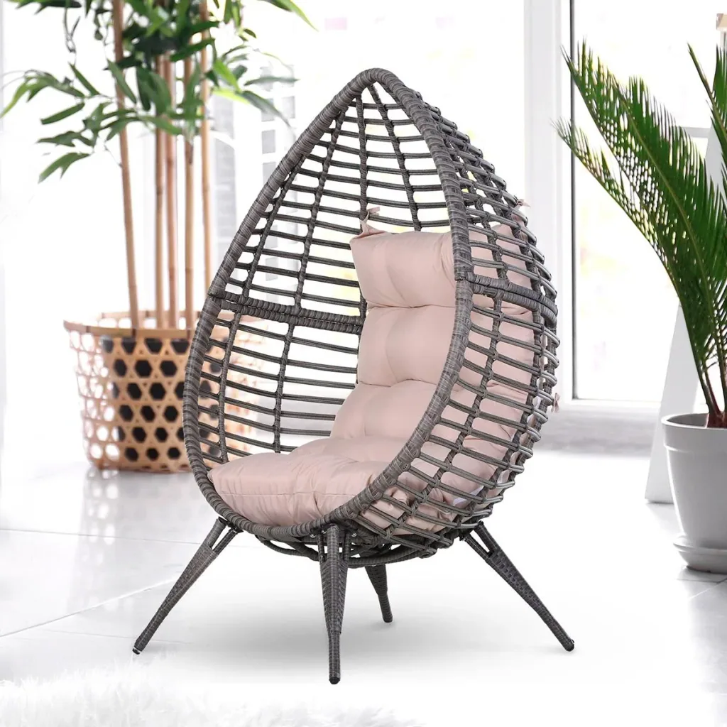 Rattansessel in Tropfenform, Gartensessel mit Sitzkissen, Erhöhter Rattanstuhl, Stahl, Beige, 101 x 89 x 156 cm
