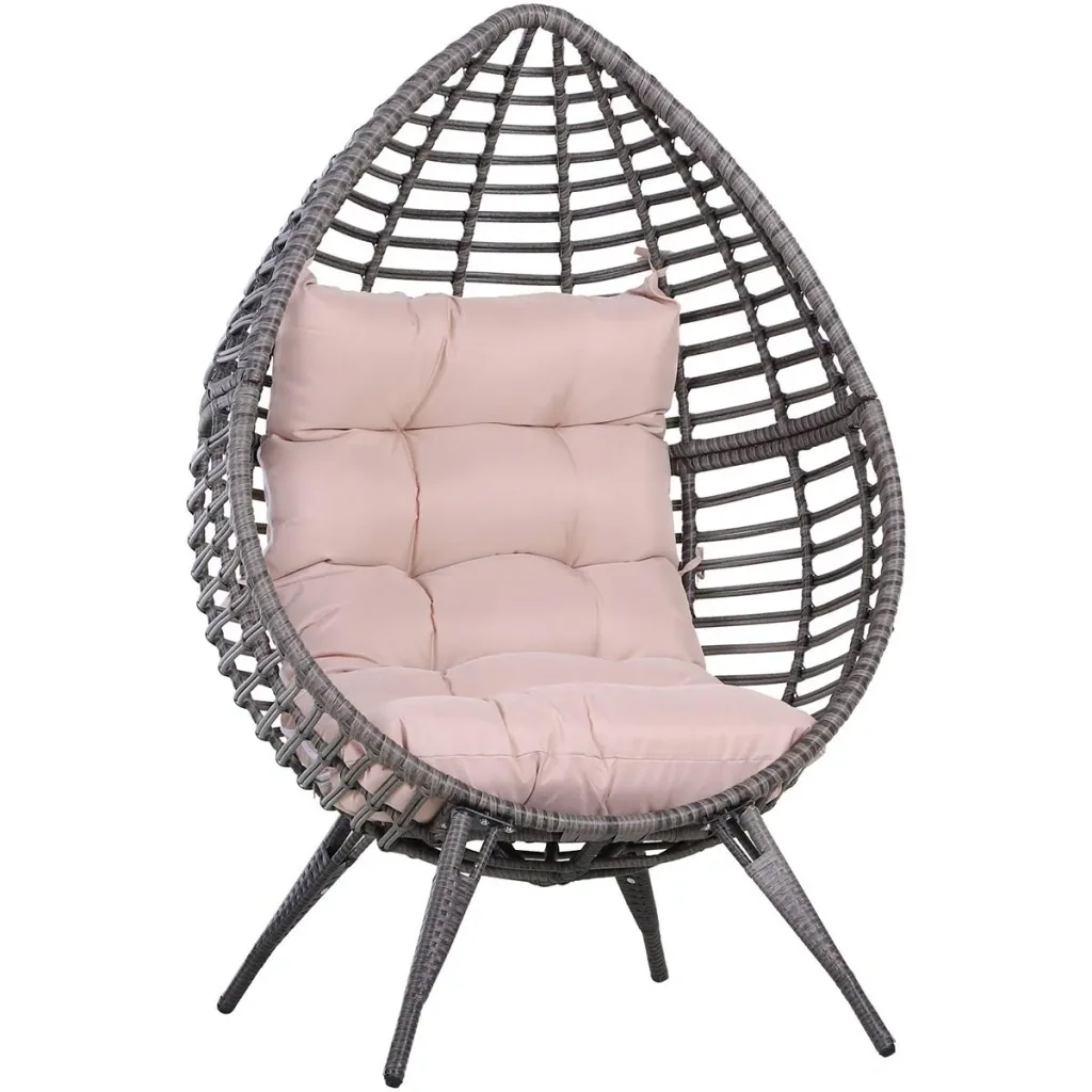 Rattansessel in Tropfenform, Gartensessel mit Sitzkissen, Erhöhter Rattanstuhl, Stahl, Beige, 101 x 89 x 156 cm