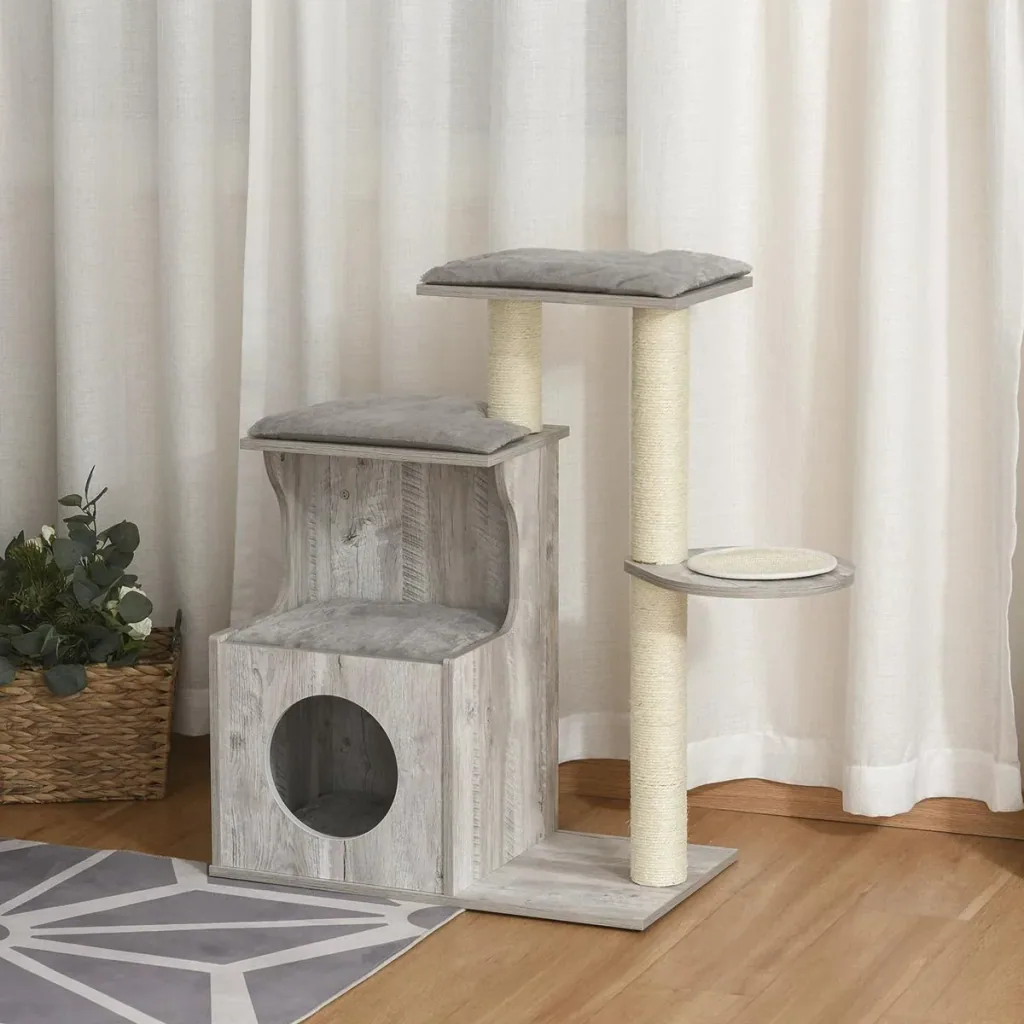 Kratzbaum mit Katzenhöhle Katzenbaum Kletterbaum für Katzen E1 MDF Sisal Grau 66 x 38 x 88 cm