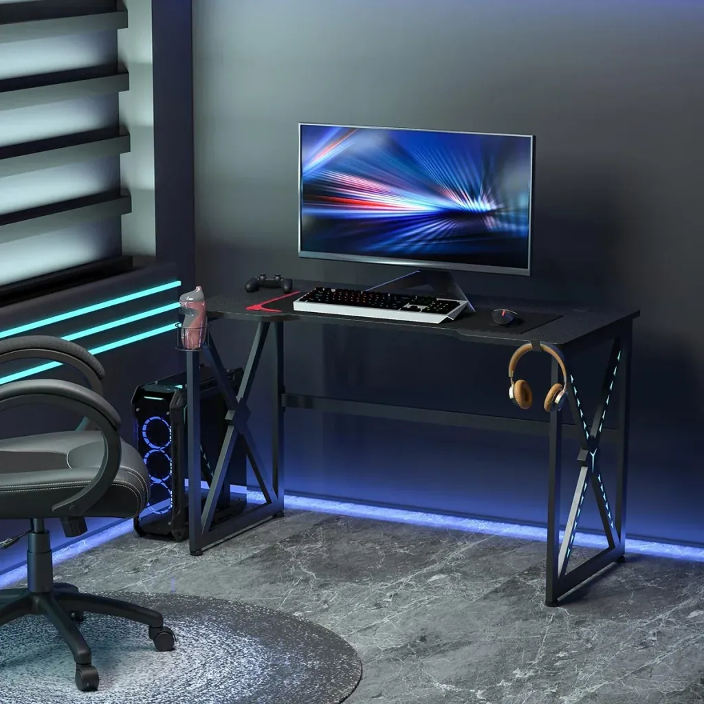 Computertisch mit LED-Leuchten Monitorablage PC Tisch Schreibtisch mit Becherhalter E-Sport-Stil Bürotisch mit verstellb